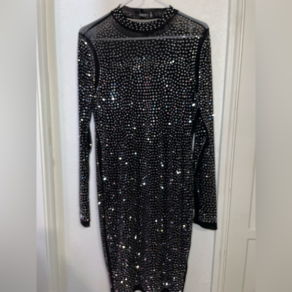 Junior Plus Rhinestone Sheer Black Mesh Dress